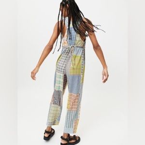 Urban Outfitters nikki patchwork overalls pockets back drawstring waist sz XS